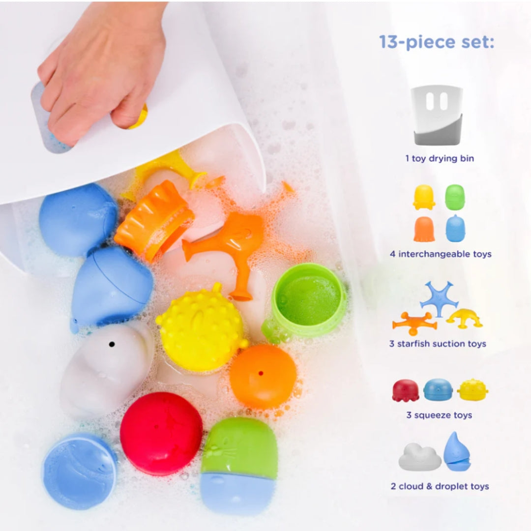 Colorful bath toys with a toy drying bin and interchangeable parts on a white background.