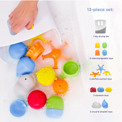 Colorful bath toys with a toy drying bin and interchangeable parts on a white background.