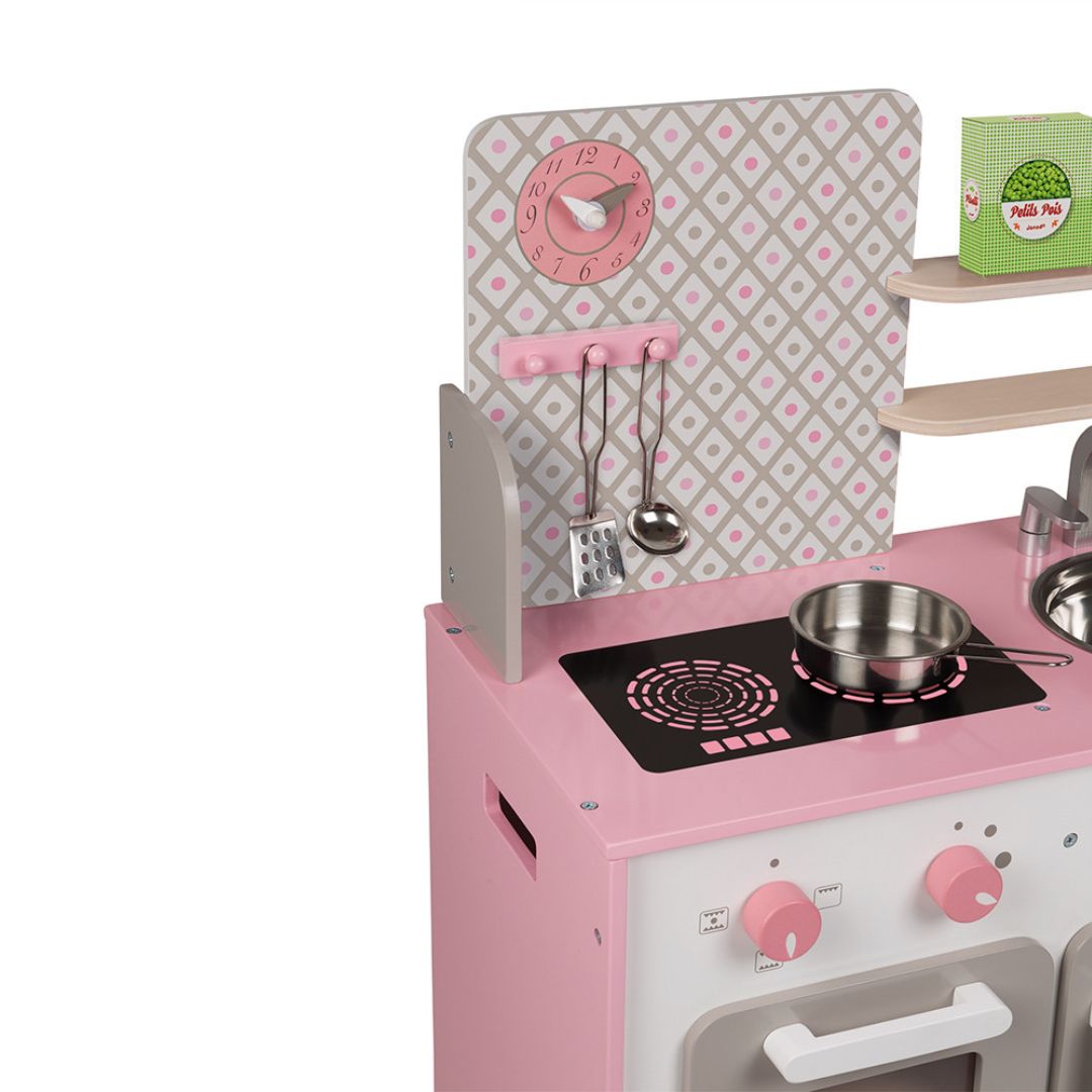 Janod Pink toy kitchen set with clock, utensils, and stove on a white background