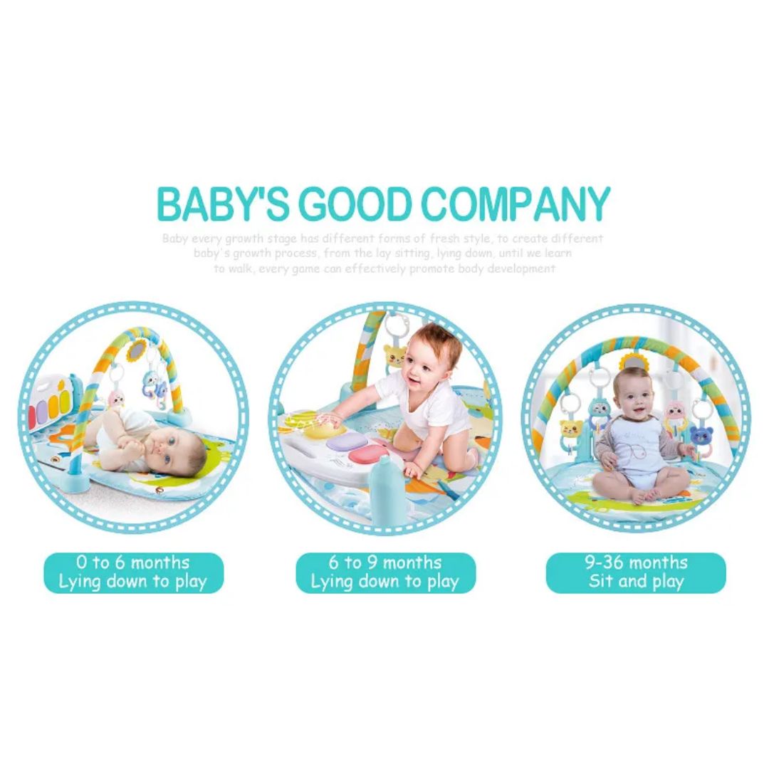 Baby playing with its interactive playmat on a white background