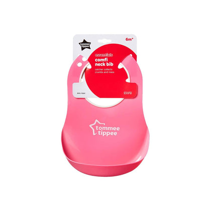 Pink baby bib with 'Tommee Tippee' branding on a white background
