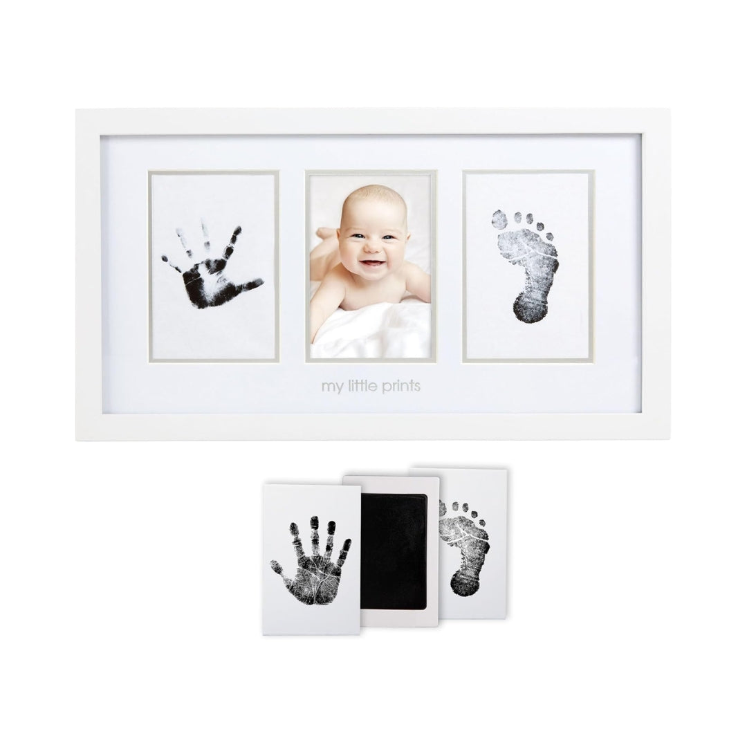 Pearhead White photo frame with baby hand and footprints on a white background