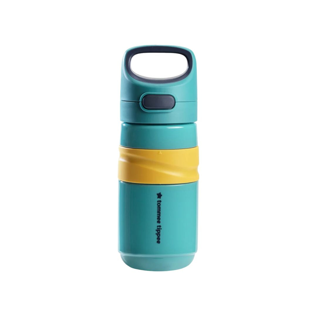 Tommee tippee Turquoise water bottle with yellow band and black lid on a white background