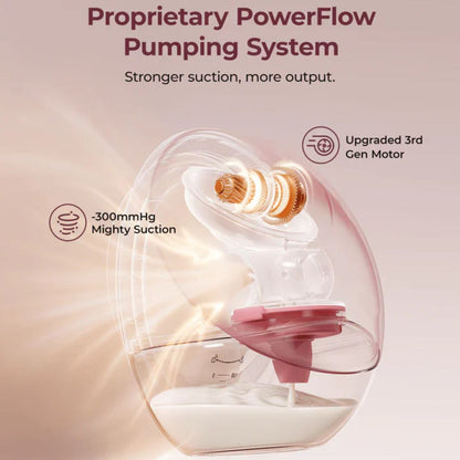 Product with 'Proprietary PowerFlow Momcocy Pumping System' text and features on a light background