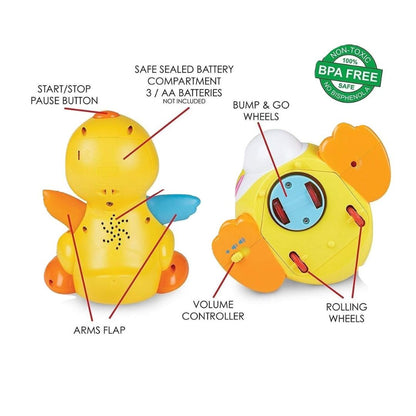 Hola Toy duck with features labeled on a white background