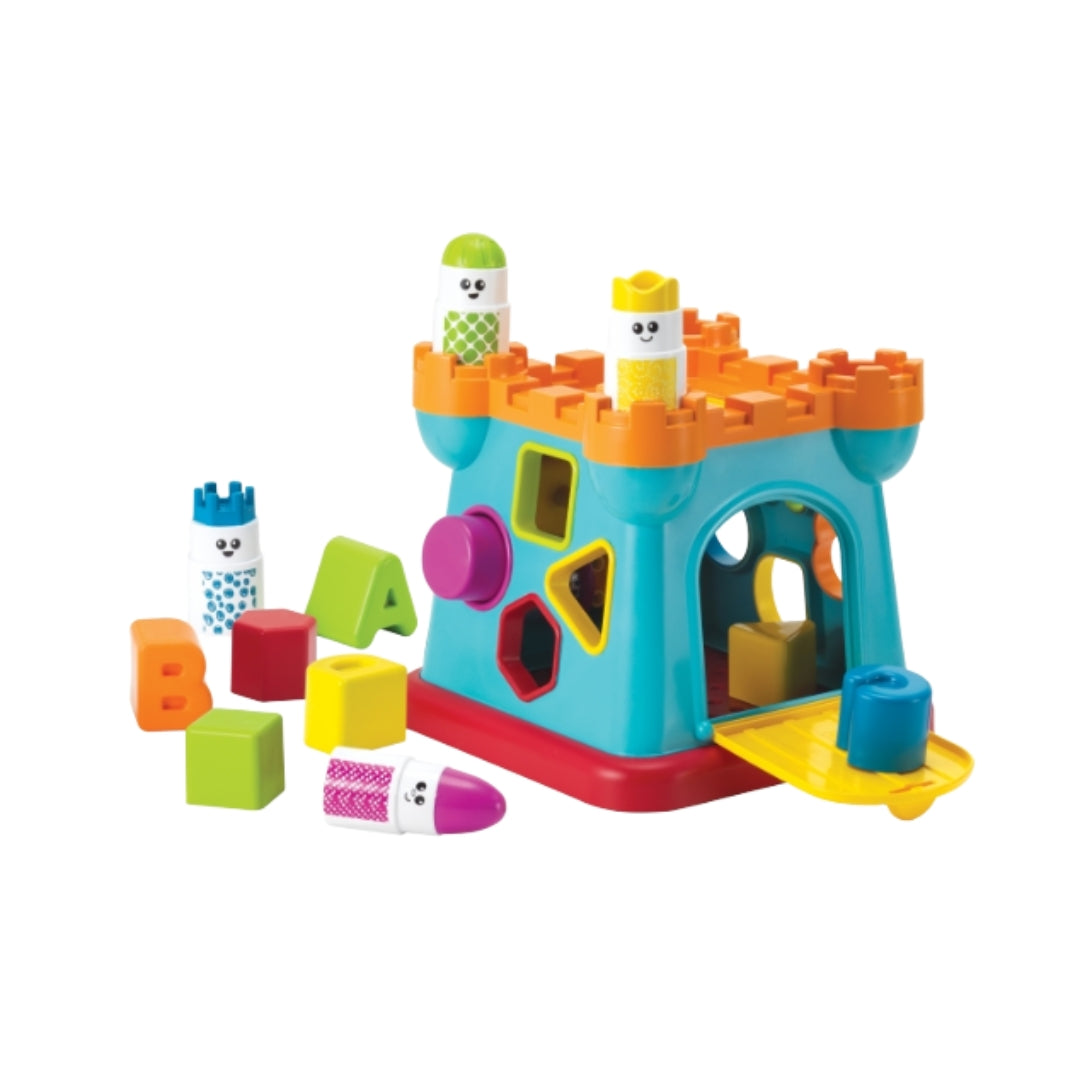 Infantino Colorful toy building block set with a castle-like structure on a white background