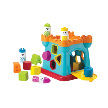 Infantino Colorful toy building block set with a castle-like structure on a white background