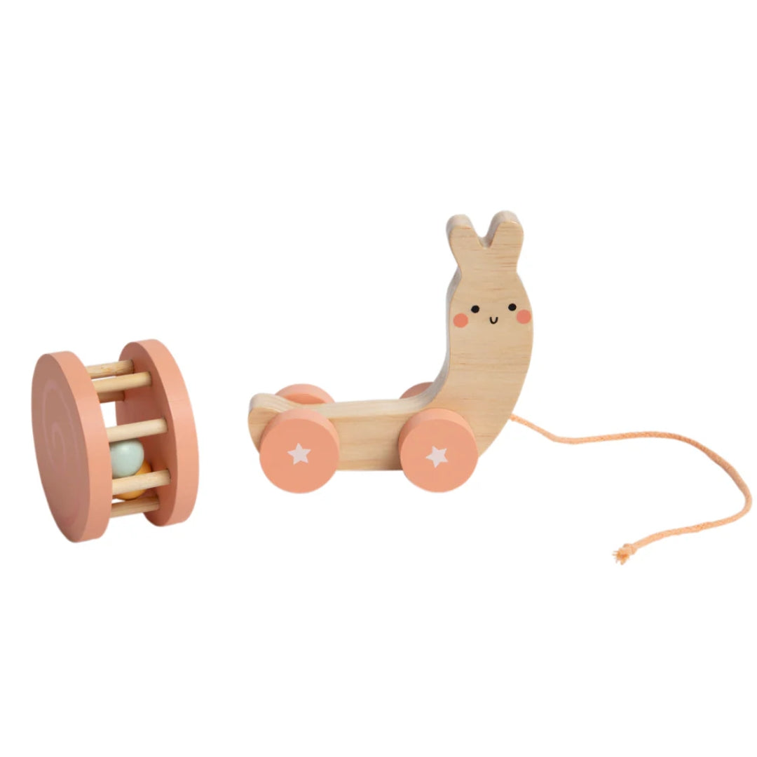 Pearhead Wooden toy with a caterpillar design and pink base on a white background