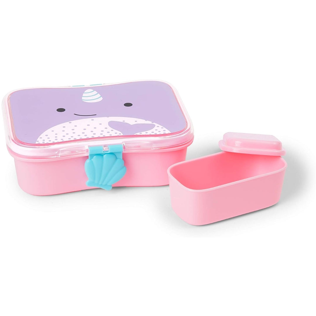 Pink plastic Skip Hop lunch box set with a Narwhal-themed lid and a separate pink container, photographed on a clean white background.