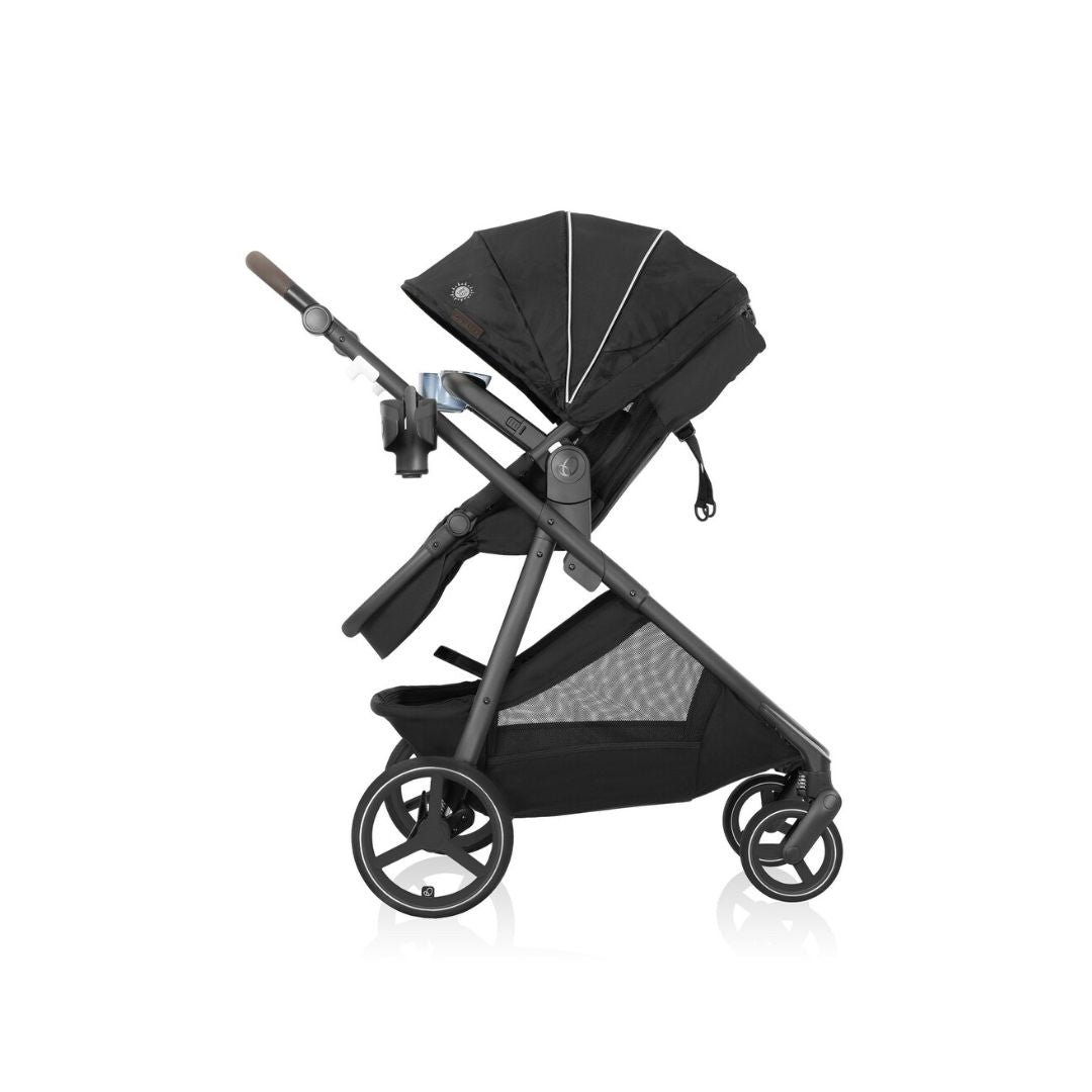 Black evenflo stroller on a white background