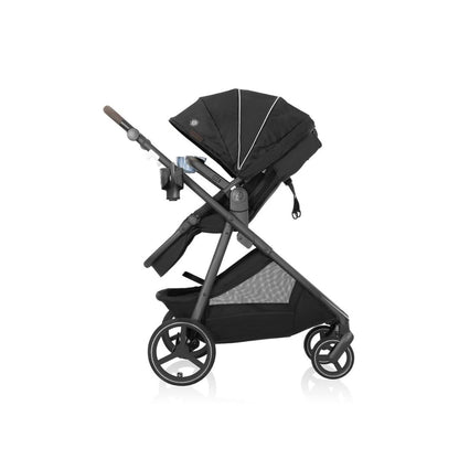 Black evenflo stroller on a white background