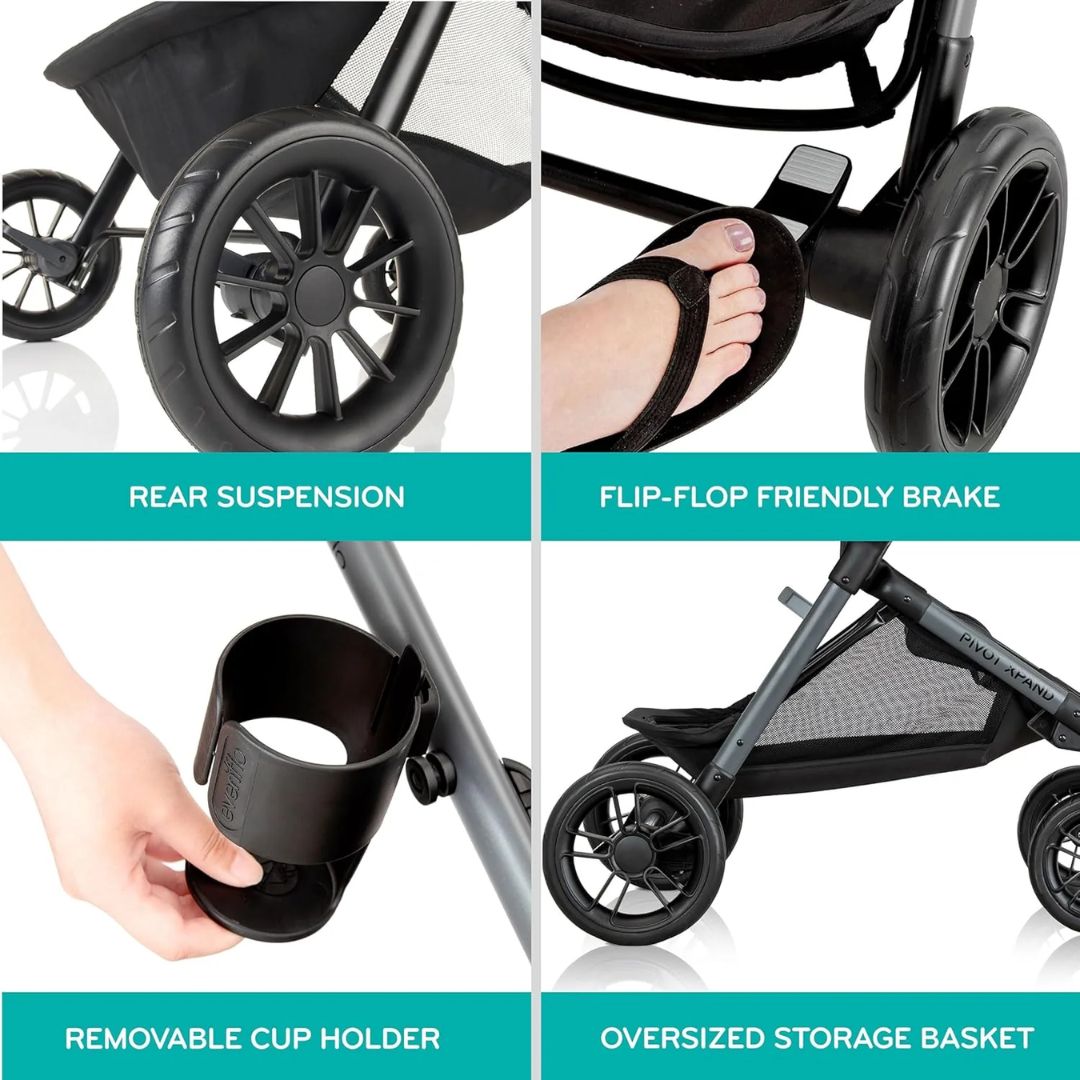 Evenflo Stroller features including rear suspension, flip-flop friendly brake, removable cup holder, and oversized storage basket.