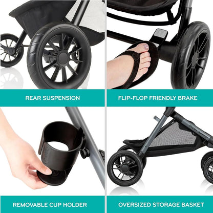Evenflo Stroller features including rear suspension, flip-flop friendly brake, removable cup holder, and oversized storage basket.