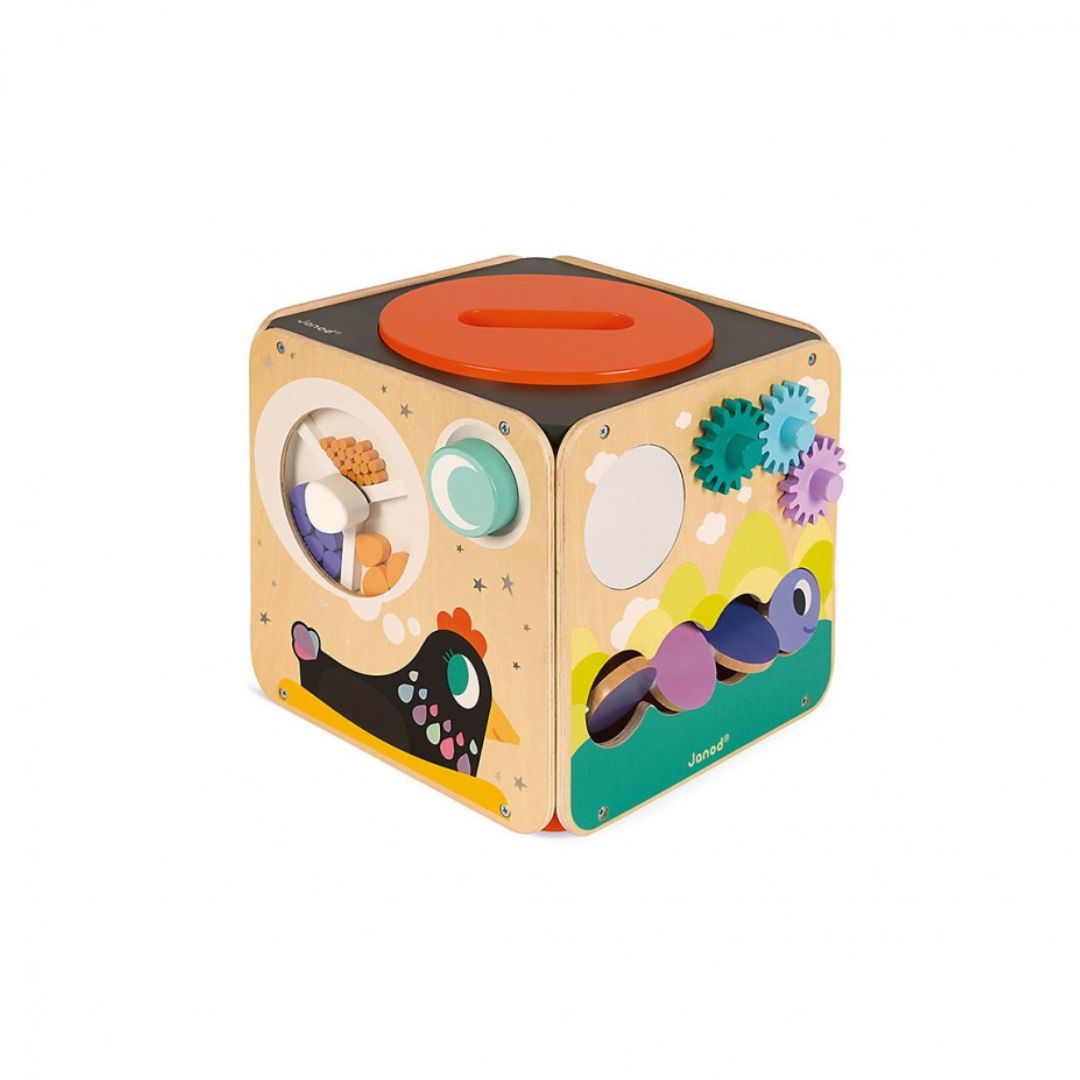 Colorful Janod wooden cube toy with various shapes and patterns on a white background