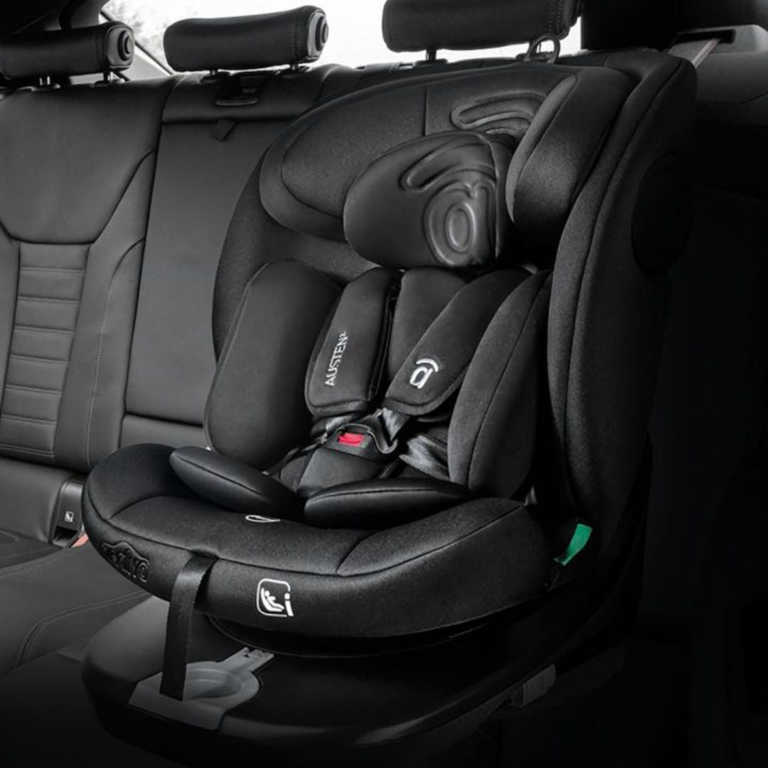 Asalvo Austen Black car seat with visible brand logo in a vehicle interior