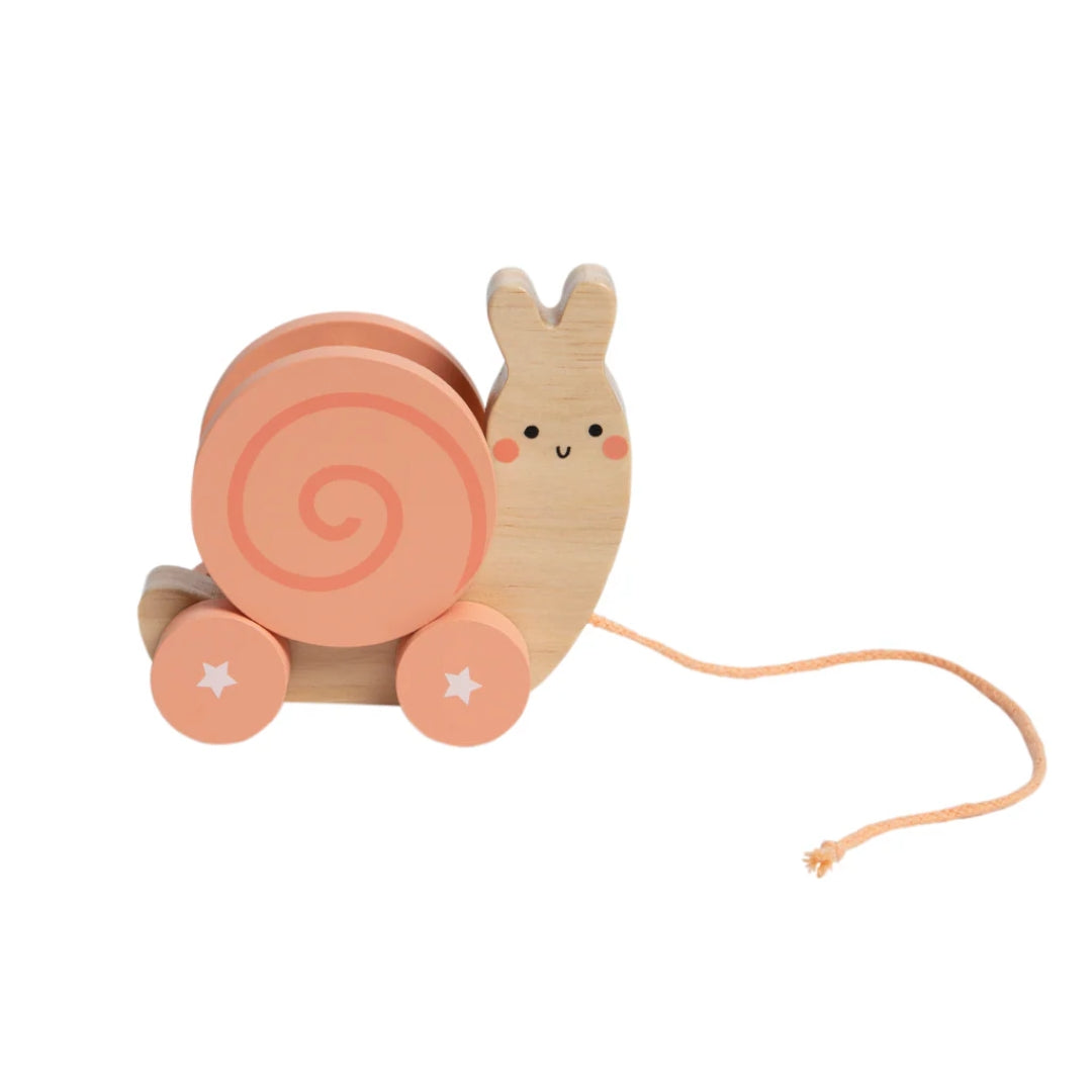Pearhead Wooden snail pull toy with a pink shell on a white background