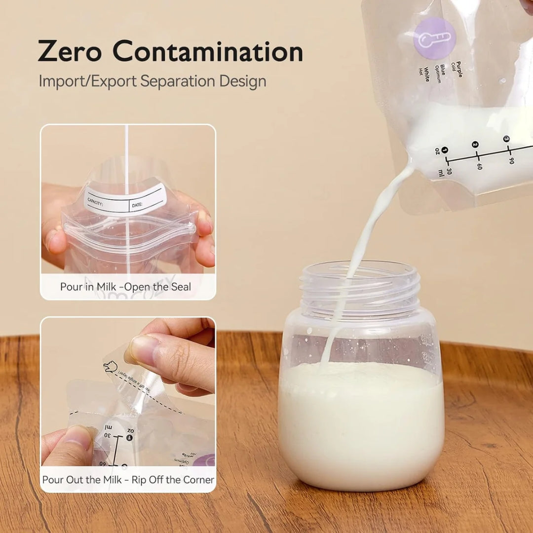 Milk being poured from a Momcozy packaging bag into a jar with text about zero contamination design.