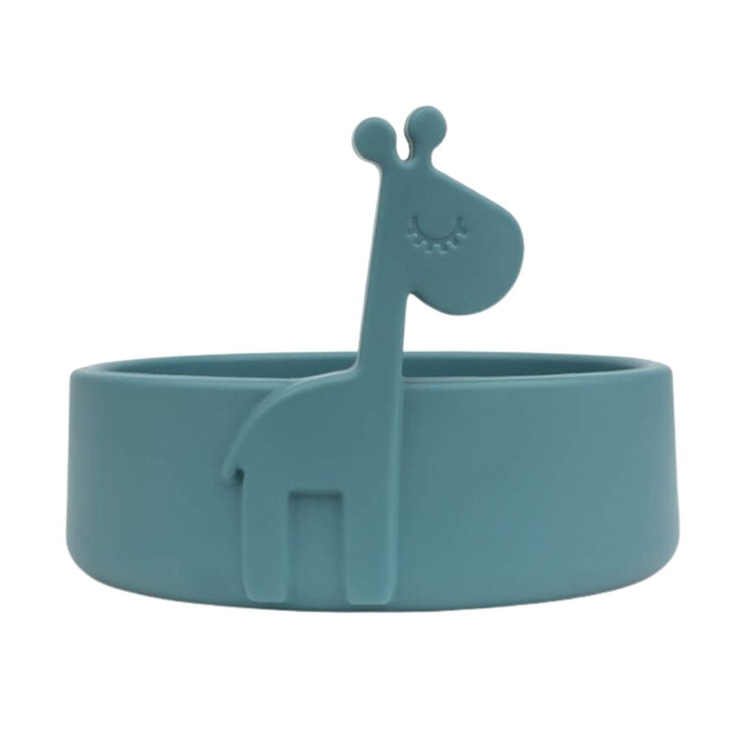 Teal giraffe-shaped bowl on a white background