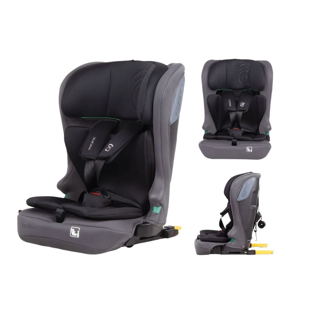 Asalvo Black and gray car seat with multiple views on a white background
