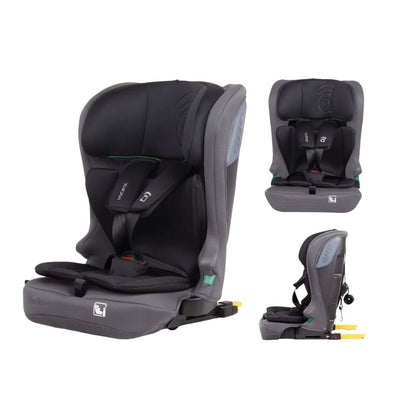 Asalvo Black and gray car seat with multiple views on a white background