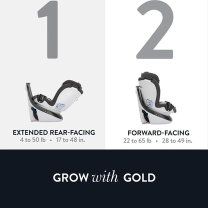 Illustration of two Evenflo  car seats with text indicating extended rear-facing and forward-facing usage ranges, labeled 'Grow with Gold'.