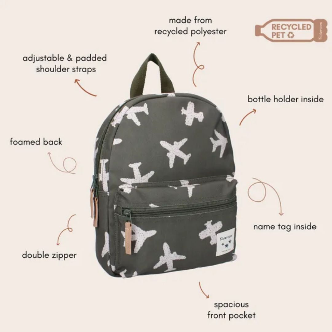 Backpack with airplane pattern on a beige background with features listed.
