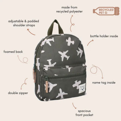 Backpack with airplane pattern on a beige background with features listed.