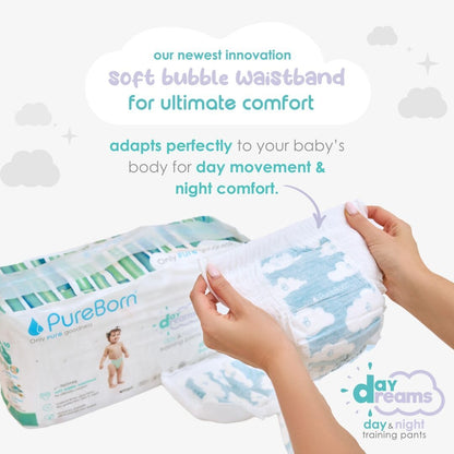 PureBom baby diaper with soft bubble waistband feature on a white background