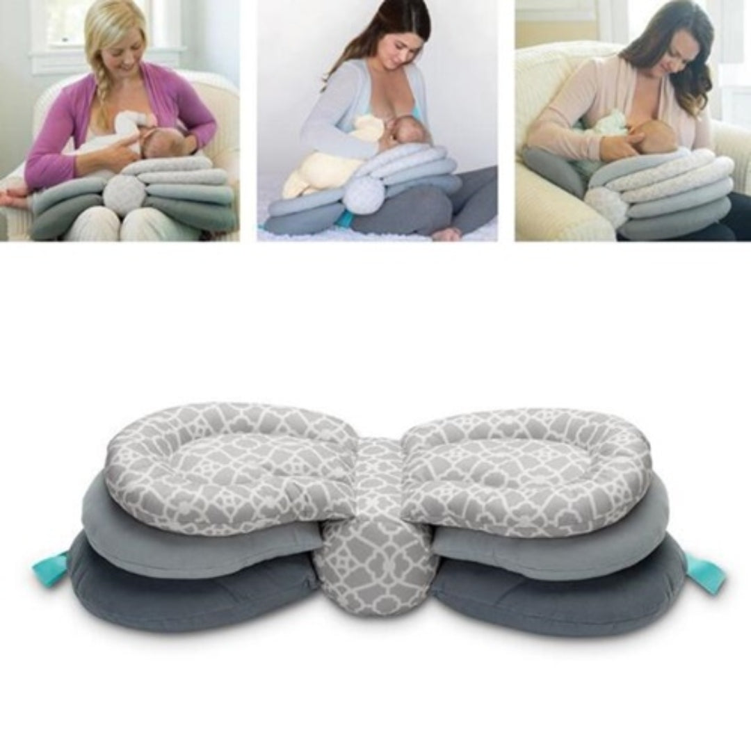 Multi-functional baby support pillow with images of a woman using it.