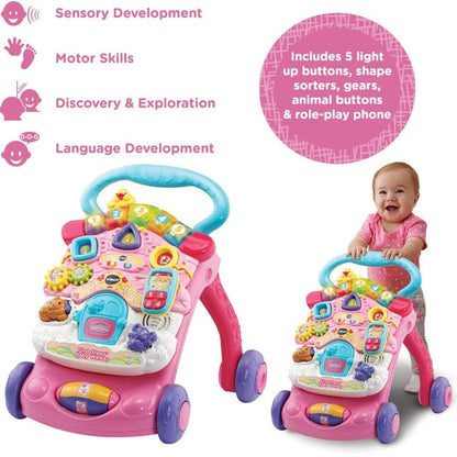 Vtech Pink interactive walker with its features in a white background