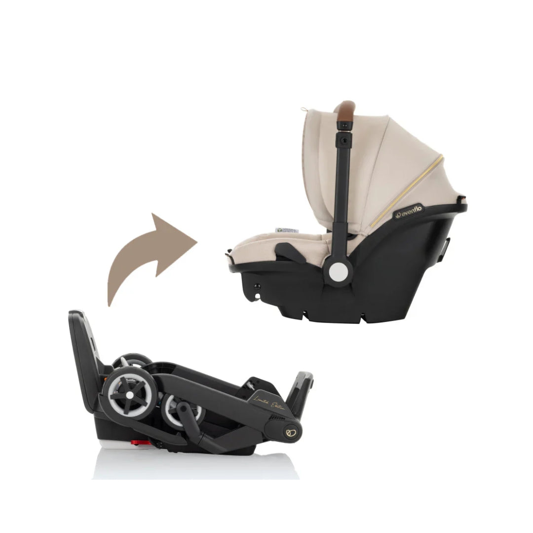 Evenflo Baby car seat with beige cover and black base on a white background