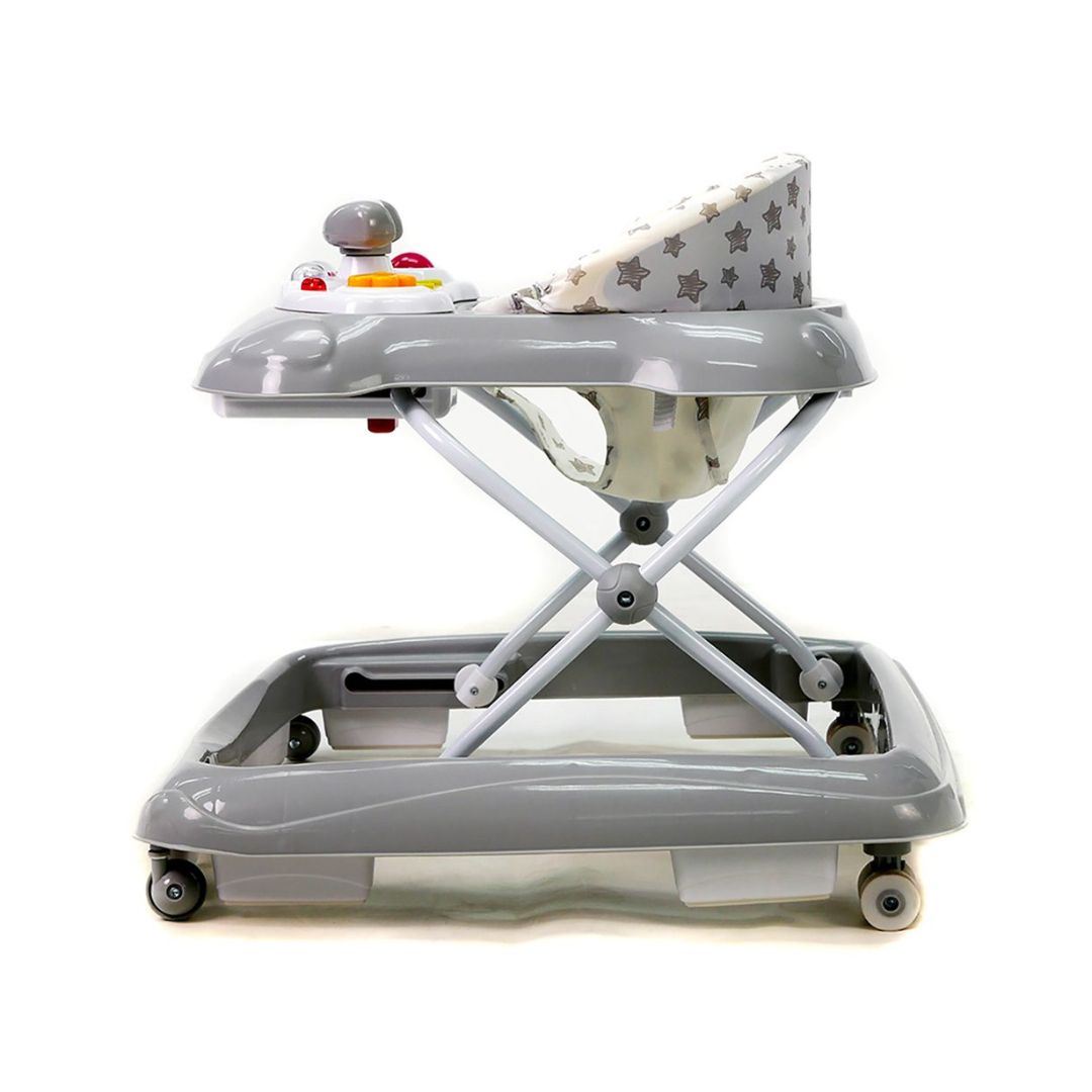 Baby walker with adjustable seat and toy bar on a white background