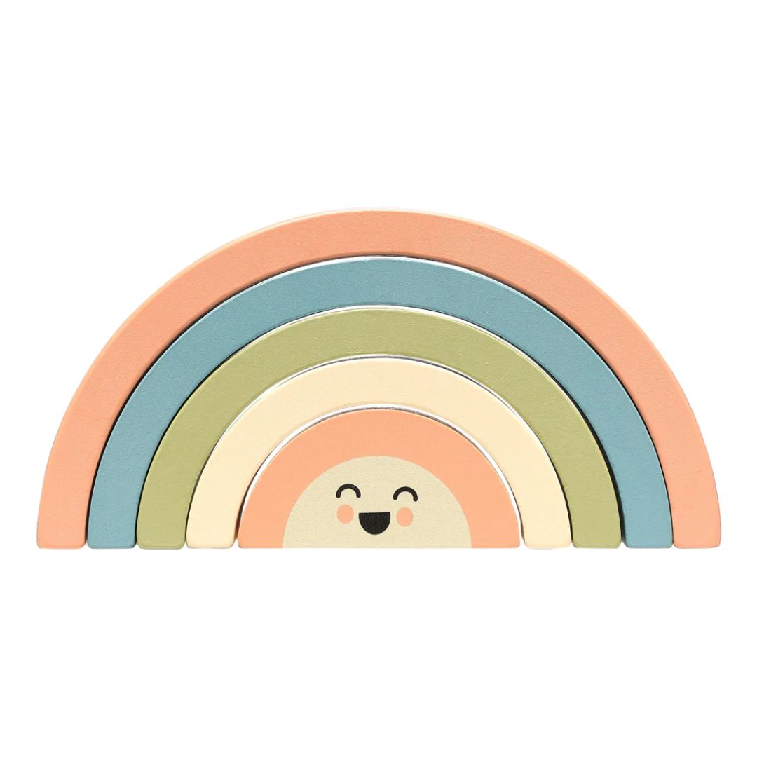 Pearhead Pastel-colored rainbow-shaped toy with a smiling face on a white background