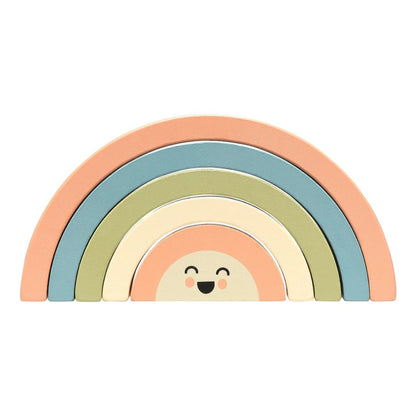 Pearhead Pastel-colored rainbow-shaped toy with a smiling face on a white background