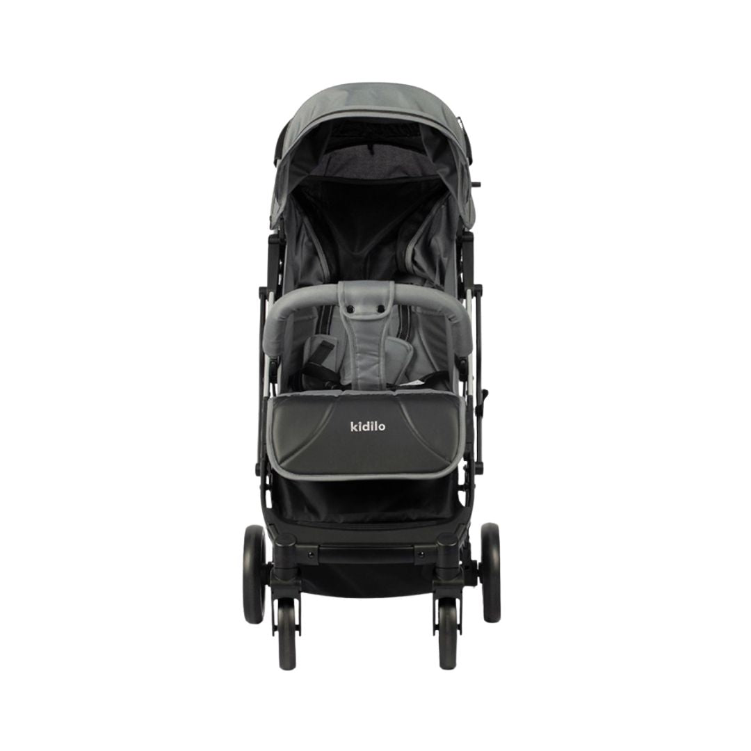 Black stroller with 'kidillo' branding on a white background