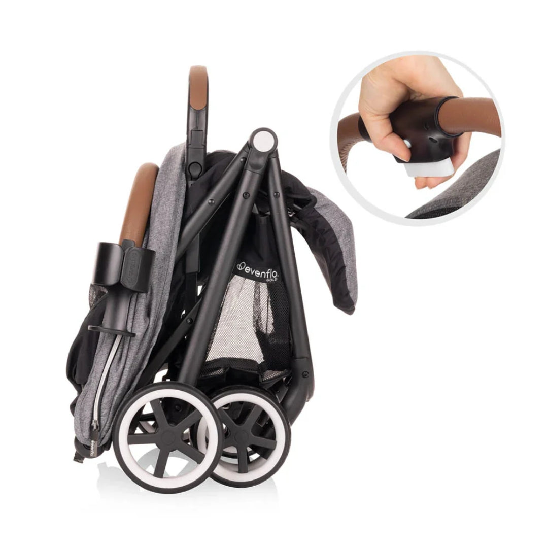 Evenflo Gray and black stroller with close-up of handle on a white background