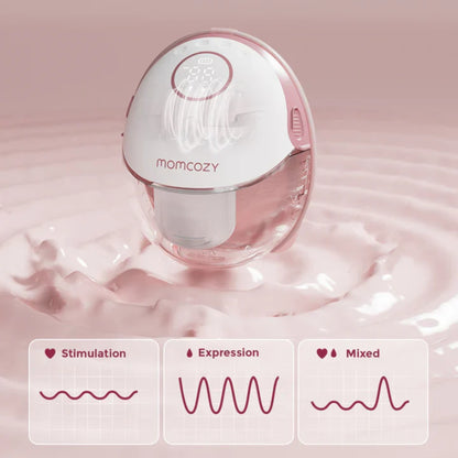 Momcozy product on a pink water background with icons and text.
