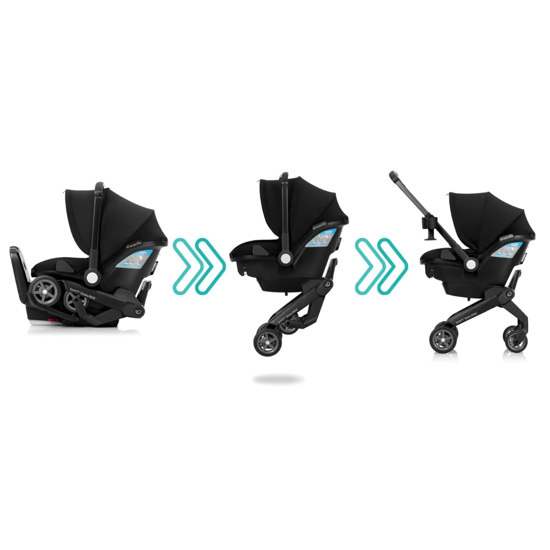 Evenflo Black baby car seat transforming into a stroller with arrows indicating the transformation process on a white background.