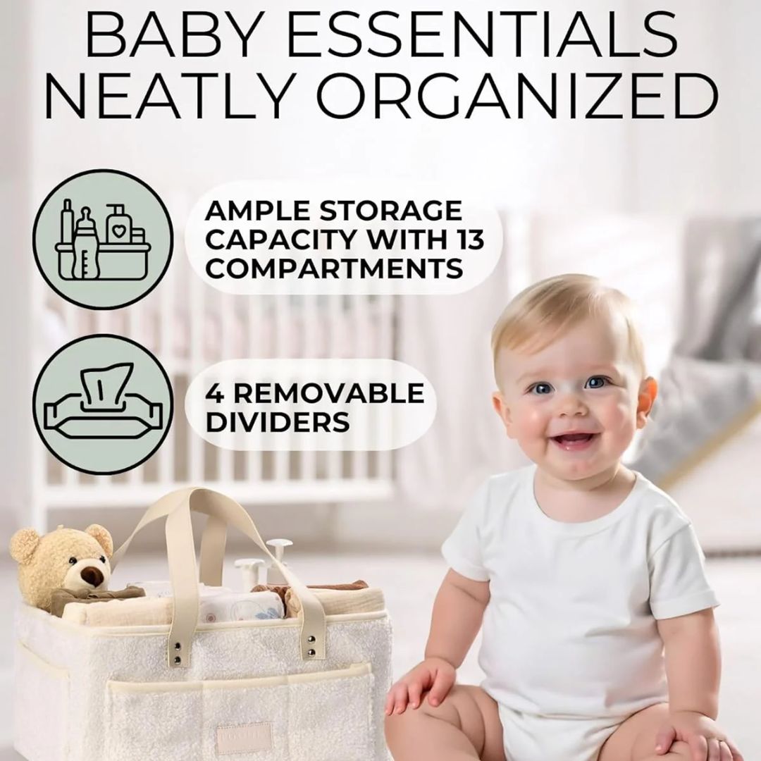 Baby organizer with baby and teddy bear, text highlighting features, blurred background