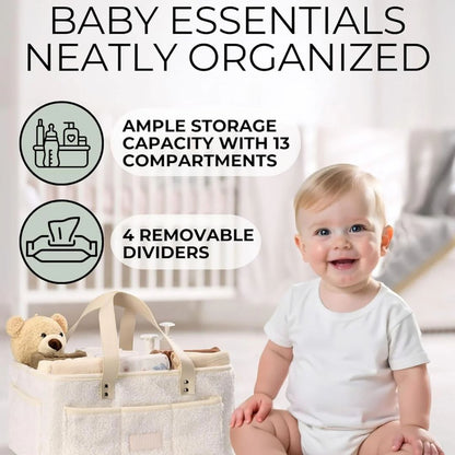 Baby organizer with baby and teddy bear, text highlighting features, blurred background