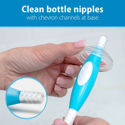 Hand holding a blue and white bottle cleaning brush with a close-up of the brush head on a light gray background.