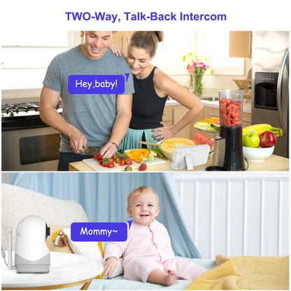 Two-way talk-back intercom system in use with a couple in a kitchen and a baby in a crib.