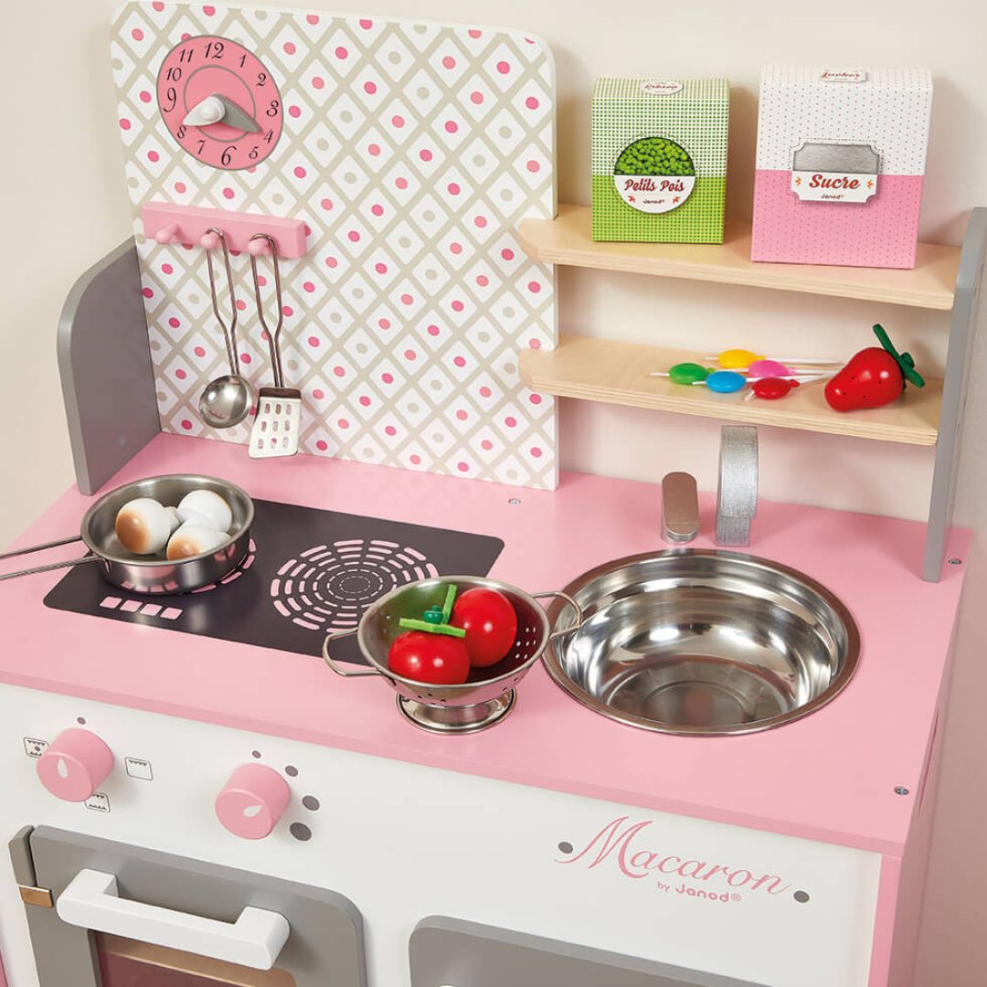 Janod Children's toy kitchen set with pink stove and shelves