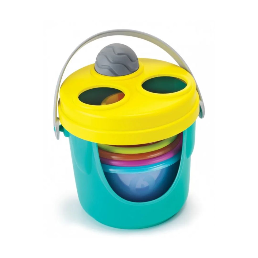 Bkids Colorful stackable cups in a yellow lid bucket on a white background