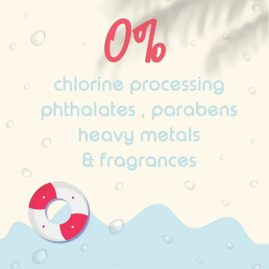 Product packaging with text about chemical-free ingredients on a light background with bubbles.
