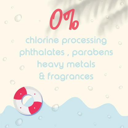 Product packaging with text about chemical-free ingredients on a light background with bubbles.
