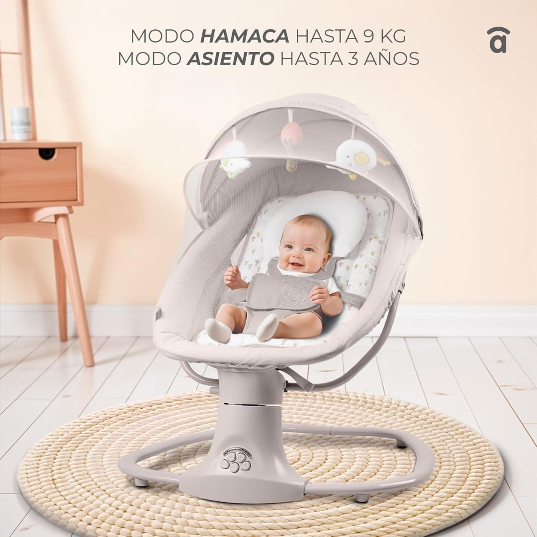  Baby in a white Asalvo baby swing with text indicating weight limits and age range.