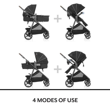 Black evenflo stroller in four different modes of use on a white background