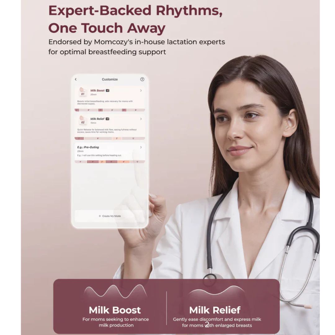 Woman in a white coat holding a tablet with text about breastfeeding support on a pink background