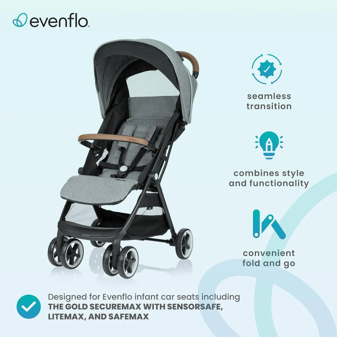 Evenflo Gray stroller with Evenflo branding on a light blue background